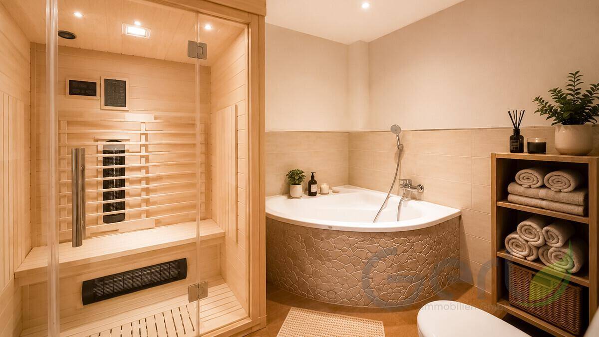 Wellness-Badezimmer mit Sauna, Eckbadewanne und rustikalen Steinakzenten.