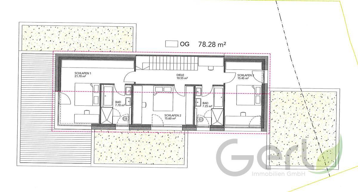 Grundriss des Obergeschosses mit drei Schlafzimmern und zwei Bädern.