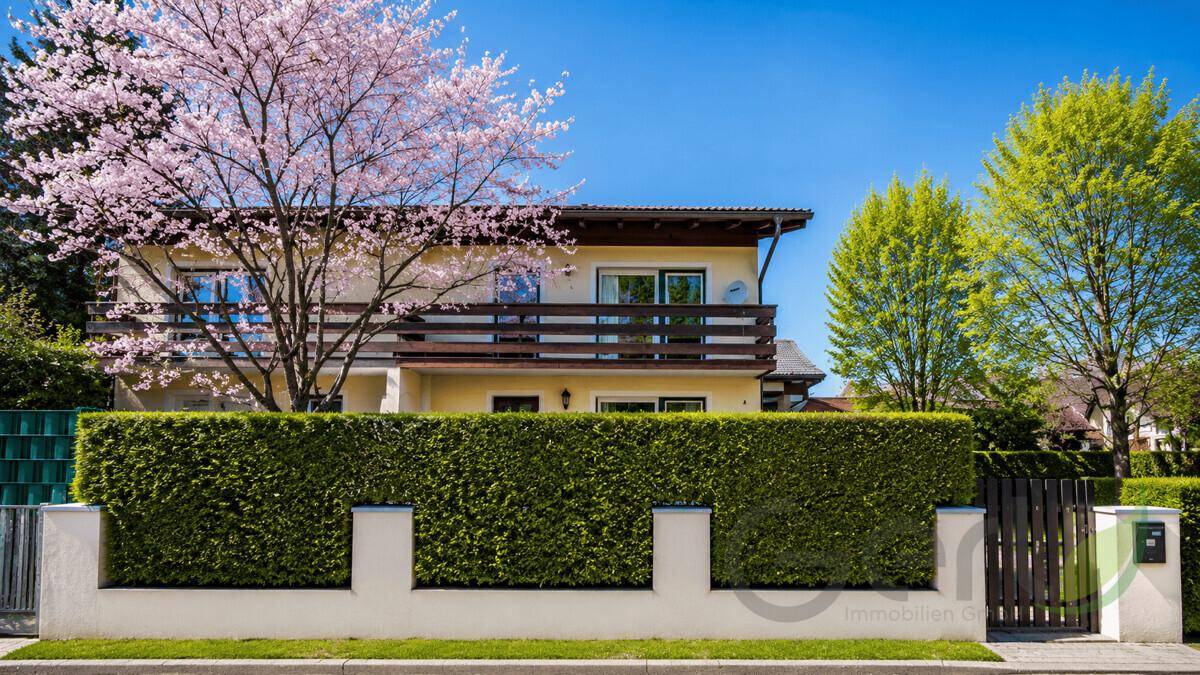 Ansicht des Hauses von der Straße mit gepflegter Hecke und blühendem Baum im Frühling.