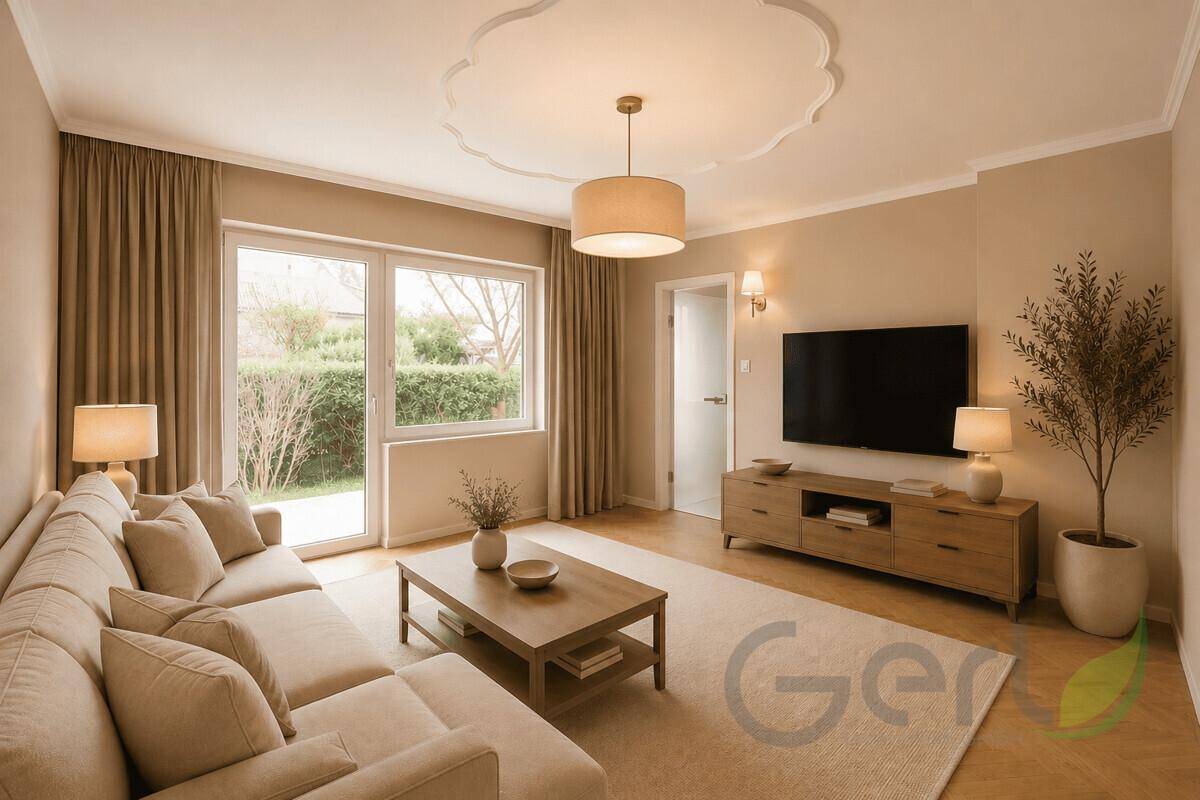 Helles Wohnzimmer mit beigem Sofa, Holzboden und Zugang zum Garten.
