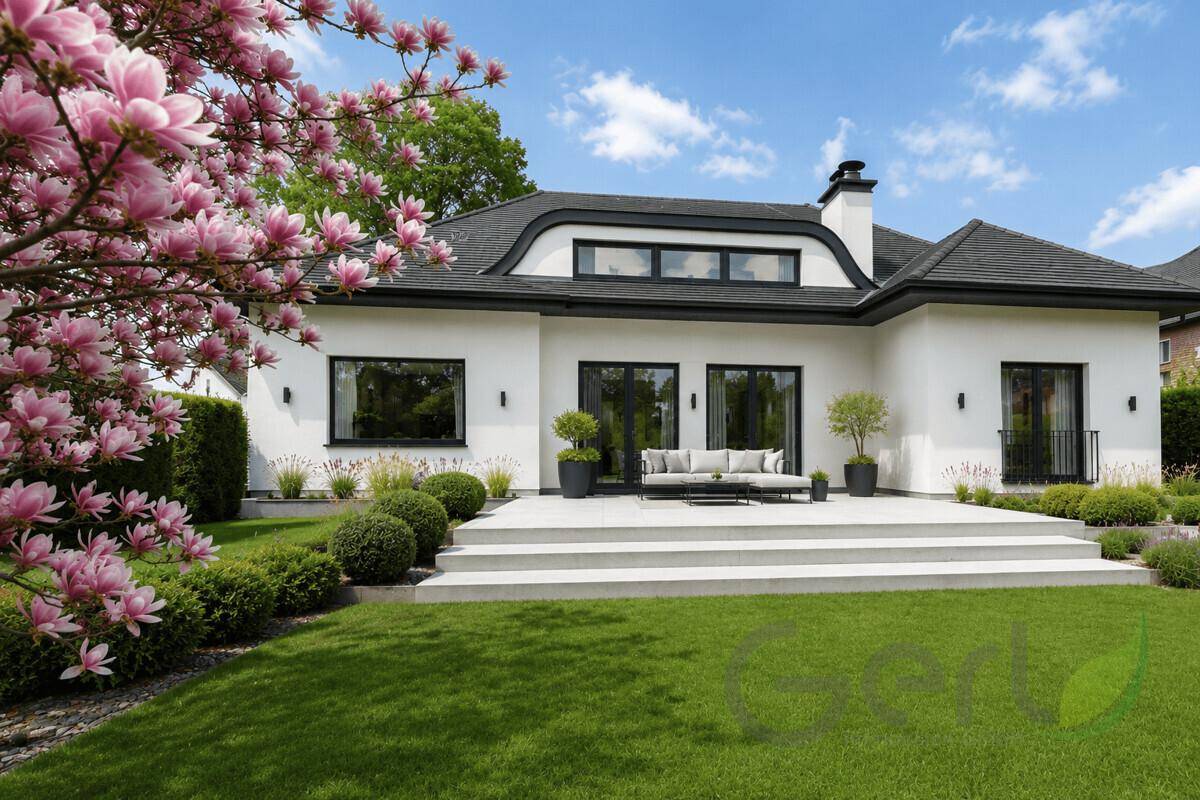 Moderne Villa mit großer Terrasse, gepflegtem Rasen und blühendem Baum.