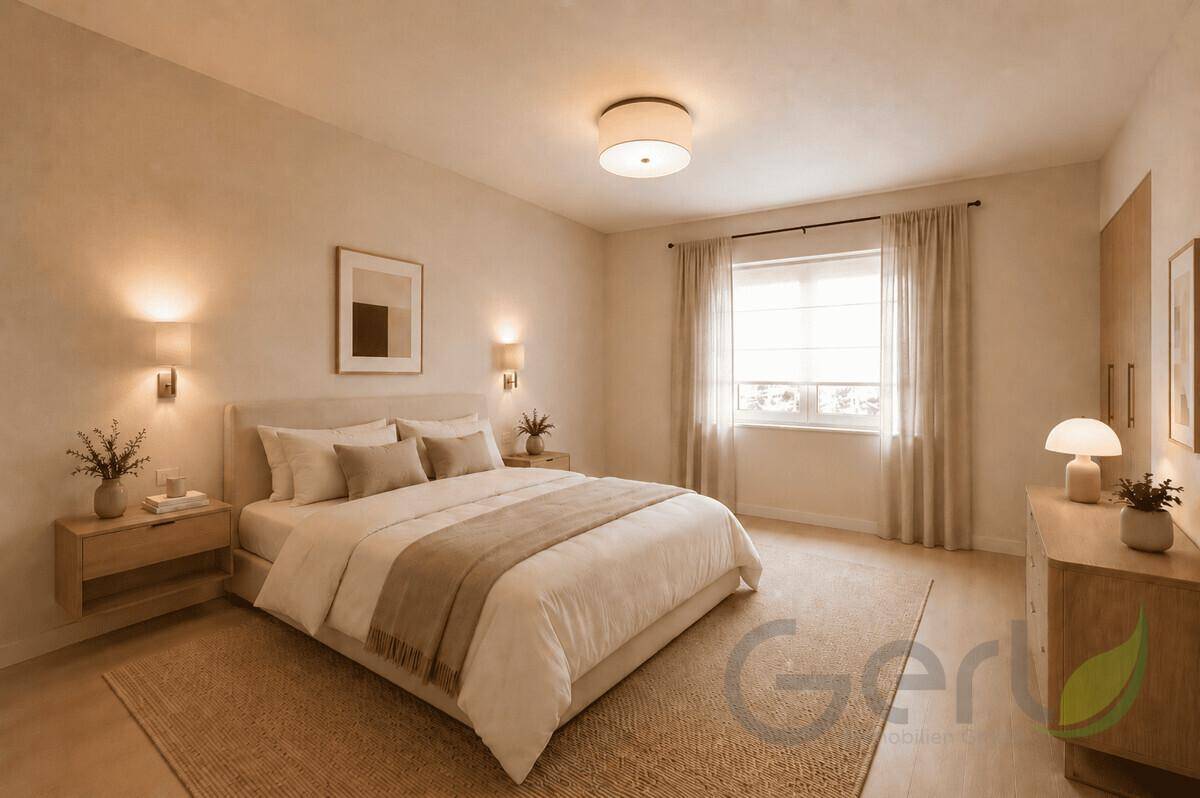 Gemütliches Schlafzimmer mit Doppelbett, Nachttischen und Fenster für natürliches Licht.