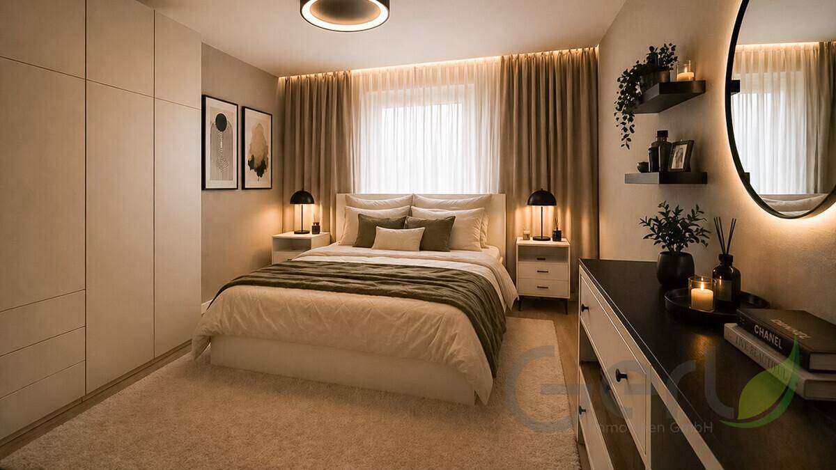 Modernes Schlafzimmer mit Doppelbett, Einbauschränken und indirekter Beleuchtung für eine gemütliche Atmosphäre.