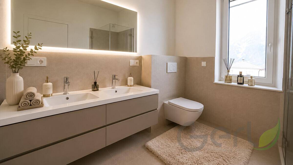 Modernes Badezimmer mit Doppelwaschbecken, beleuchtetem Spiegel und wandhängendem WC.