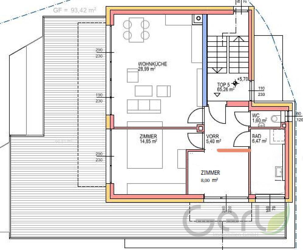 Detaillierter Grundriss einer Wohnung mit Wohnküche, zwei Zimmern, Bad, WC und großer Terrasse.