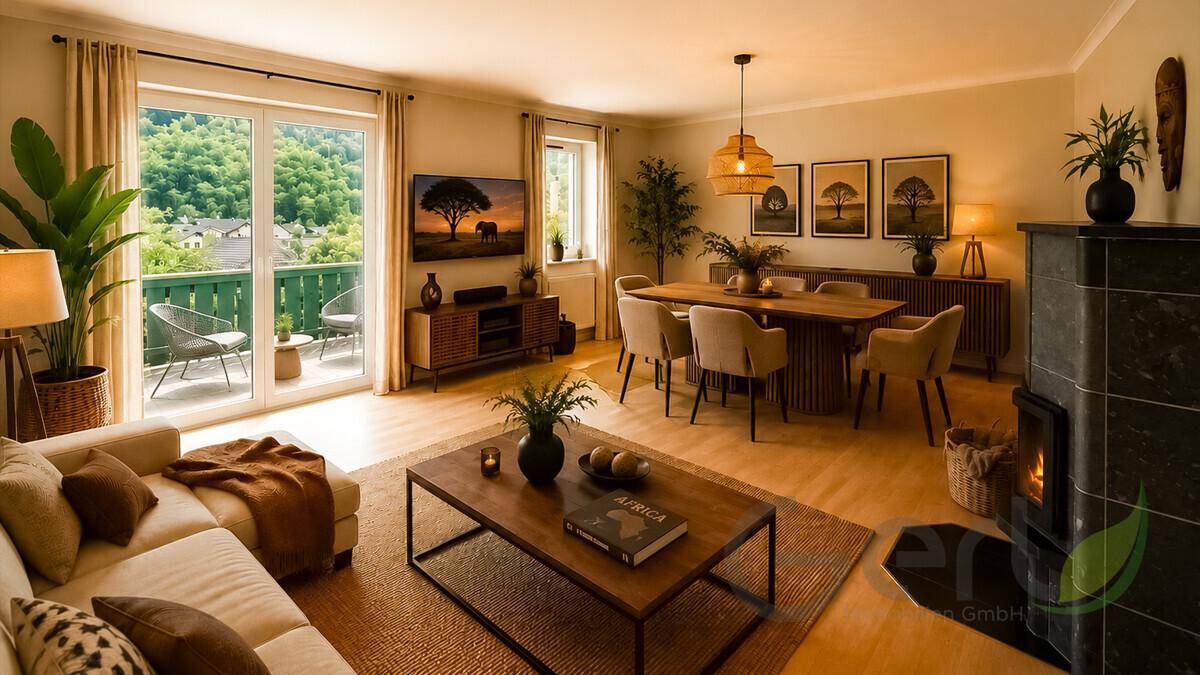 Heller Wohn-Essbereich mit Balkonzugang, modernem Interieur und einem gemütlichen Kaminofen.