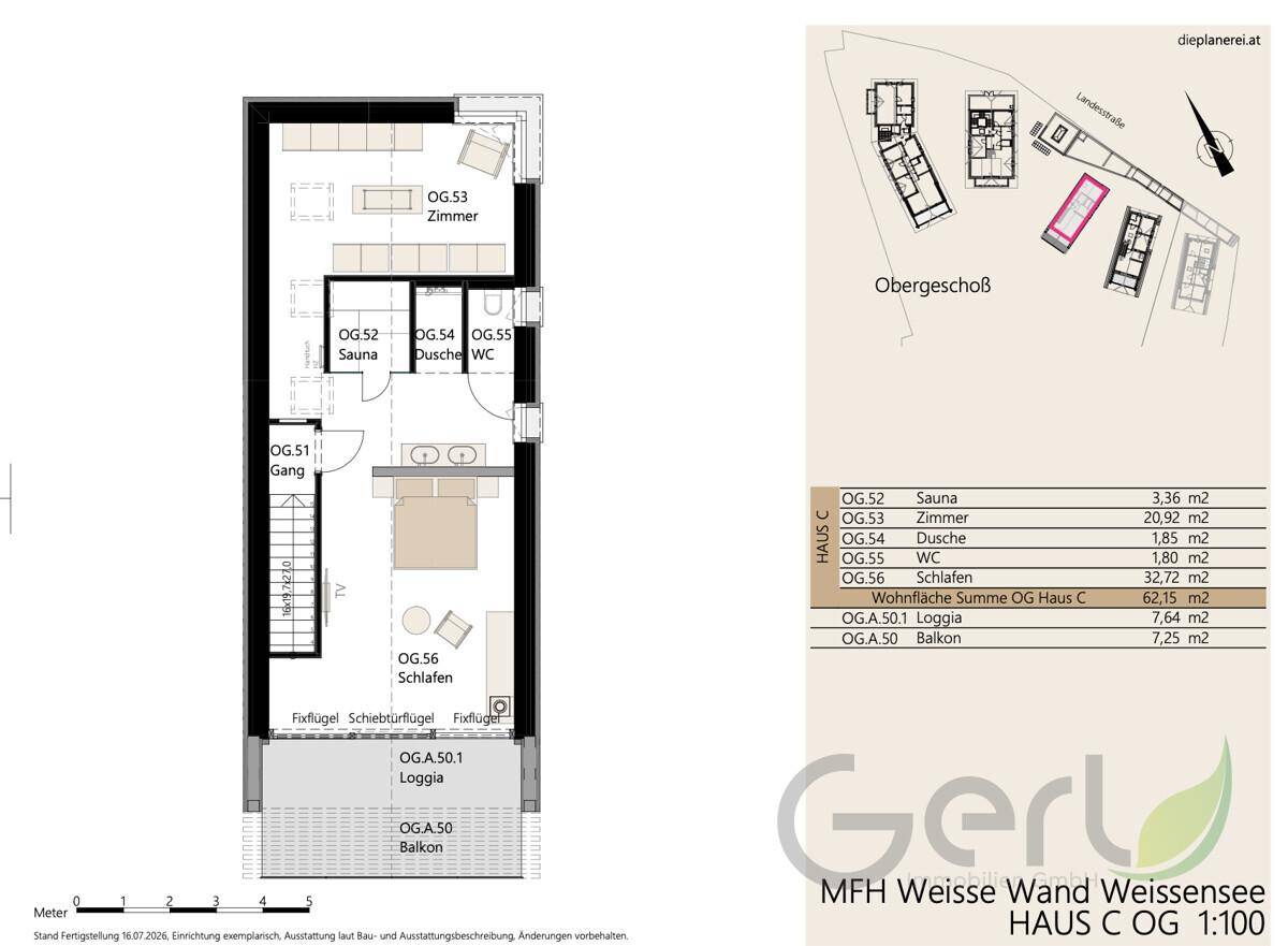 Grundriss des Obergeschosses mit Schlafzimmer, Sauna, Dusche, WC, Loggia und Balkon.