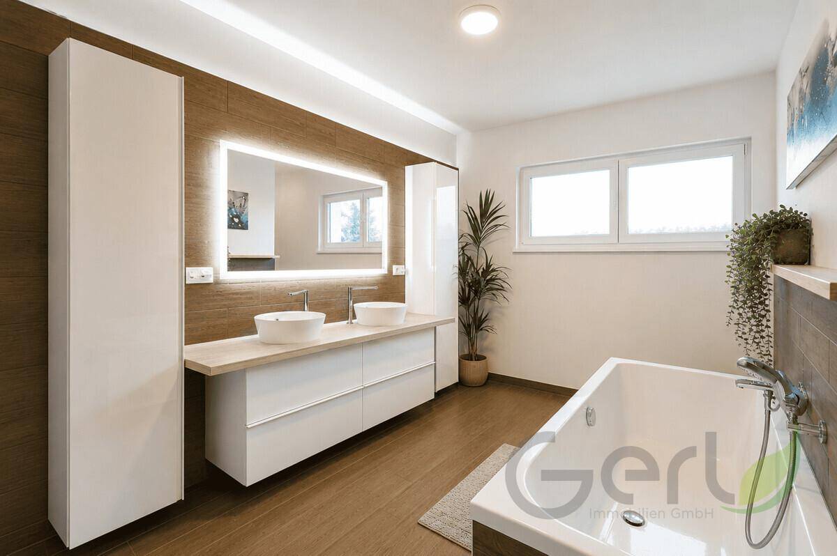 Modernes Badezimmer mit Doppelwaschbecken, Badewanne und beleuchtetem Spiegel.