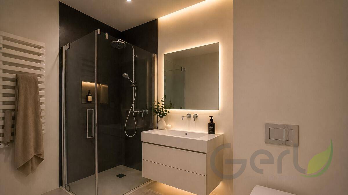 Elegantes Badezimmer mit moderner Dusche, beleuchtetem Spiegel und beheiztem Handtuchhalter.
