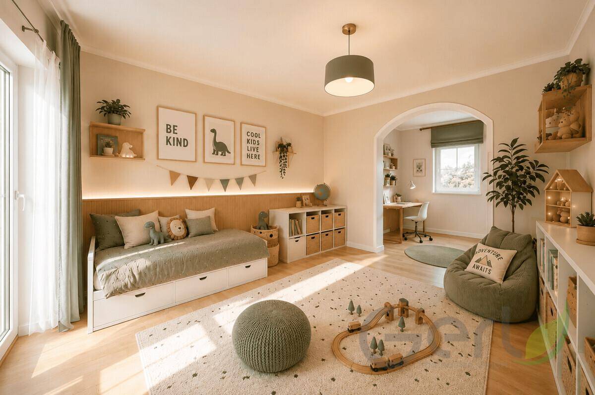 Freundliches Kinderzimmer mit Spielbereich, Bett und integriertem Schreibtisch.