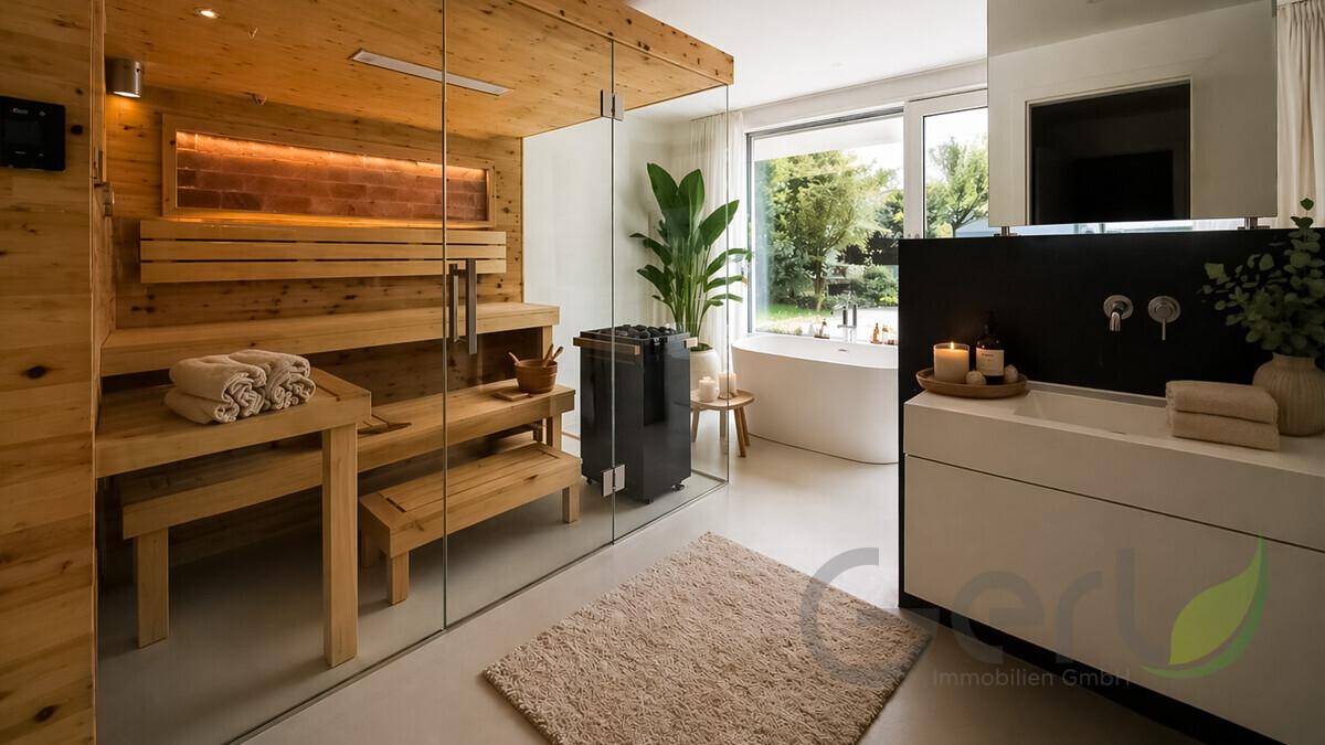 Modernes Badezimmer mit Badewanne, Sauna und großem Fenster mit Blick ins Grüne.