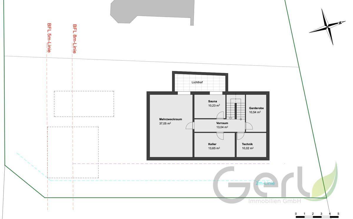 Grundriss des Kellers mit Sauna, Mehrzweckraum, Abstellraum und Technikbereich.