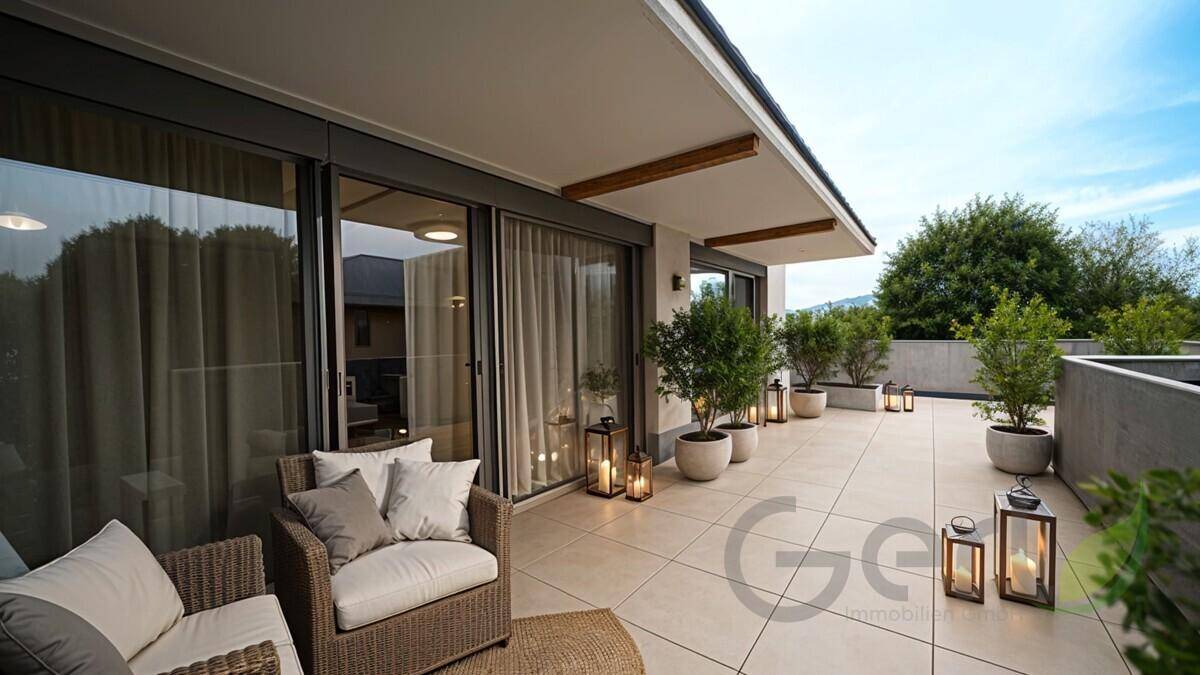 Geräumige Terrasse mit modernen Fliesen, bequemen Sitzgelegenheiten und dekorativen Laternen für entspannte Abende.