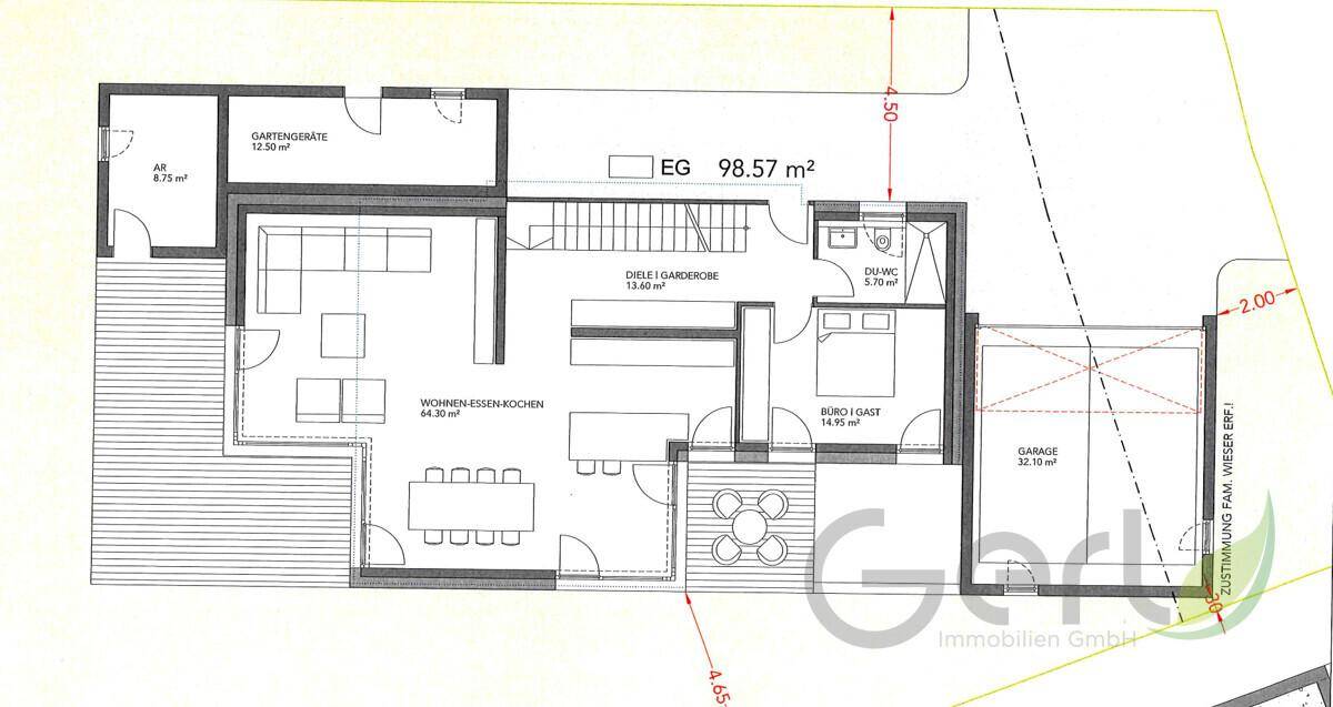 Grundriss des Erdgeschosses mit offenem Wohn-Ess-Kochbereich, Büro und Garage.