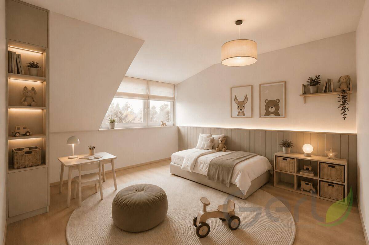Helles Kinderzimmer mit modernem Bett, Schreibtisch und verspielter Dekoration.