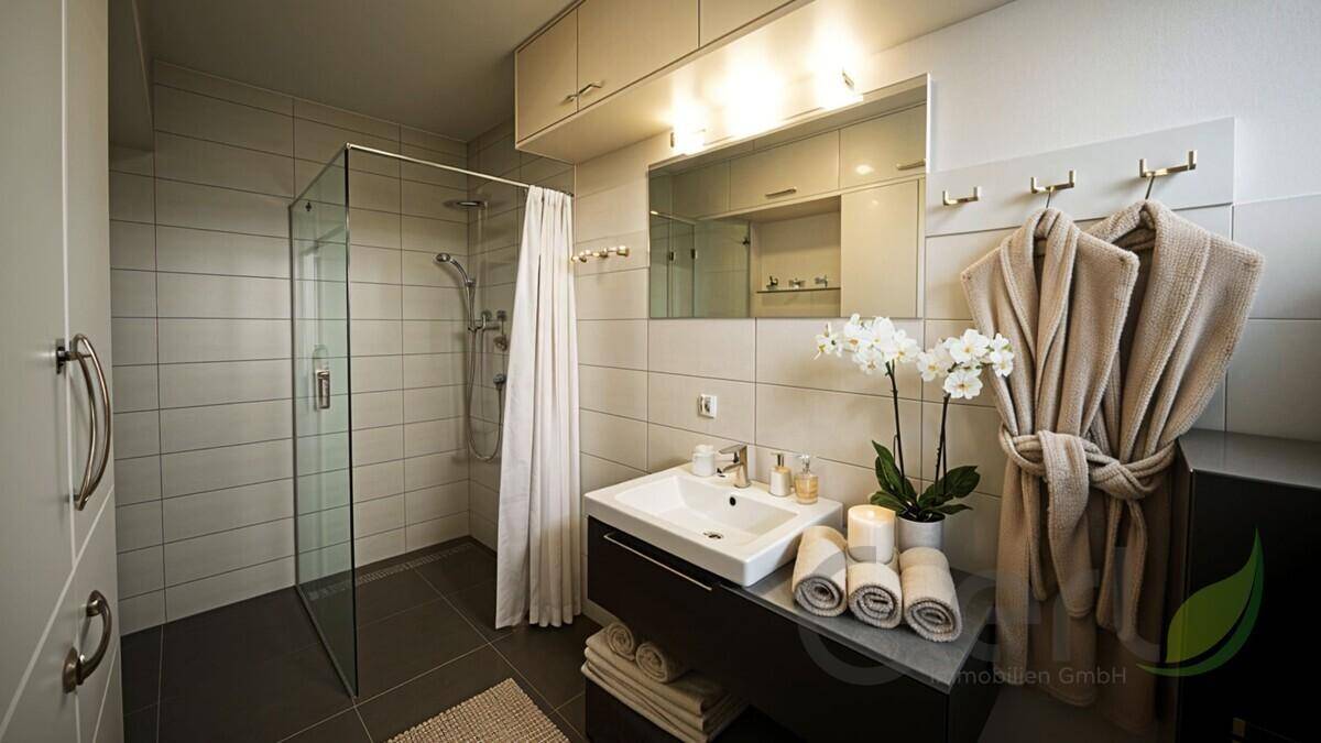 Modernes Badezimmer mit ebenerdiger Glasdusche, elegantem Waschtisch und großem Spiegel, hell gefliest.