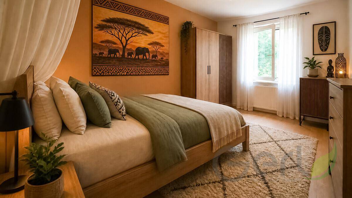 Gemütliches Schlafzimmer mit Doppelbett, afrikanisch inspiriertem Dekor und viel Tageslicht.