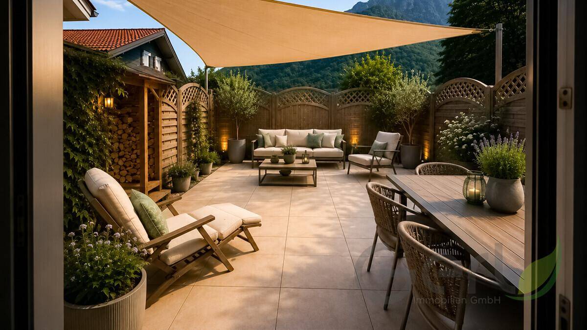 Großzügige Terrasse mit Essbereich, bequemen Lounge-Möbeln und Sonnensegel für entspannte Stunden.