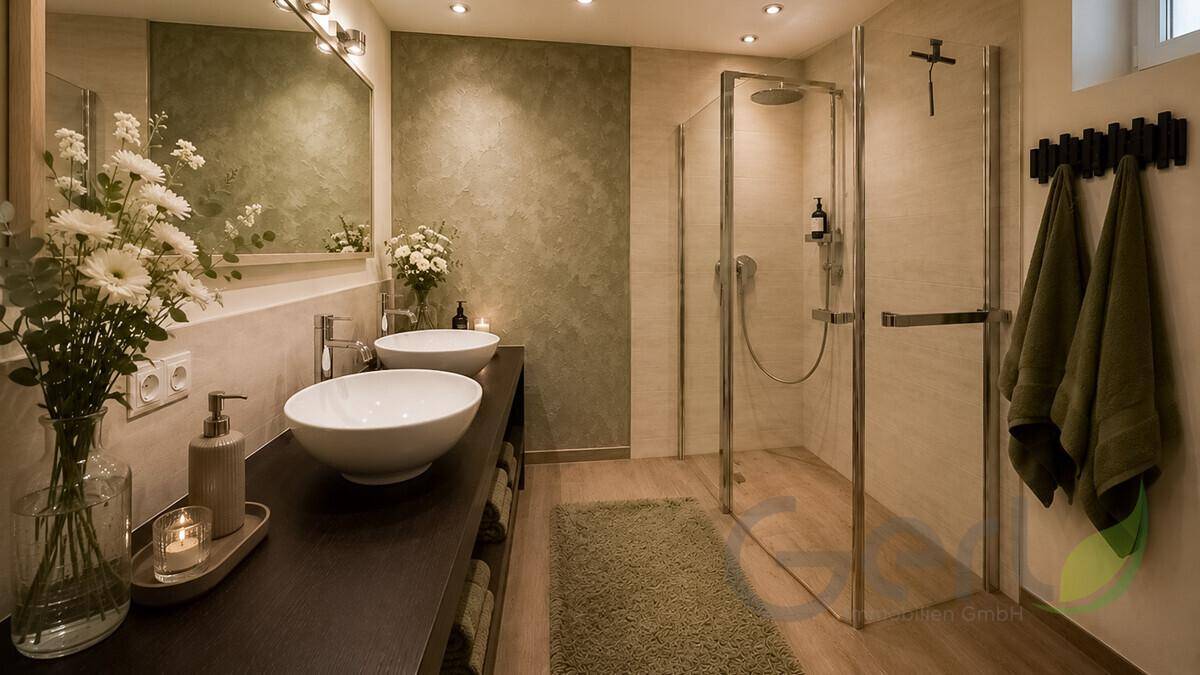 Modernes Badezimmer mit Doppelwaschbecken, großer Dusche und indirekter Beleuchtung.