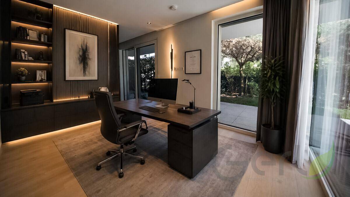 Modernes Büro mit Schreibtisch, Bücherregal und großen Fenstern mit Blick ins Grüne.