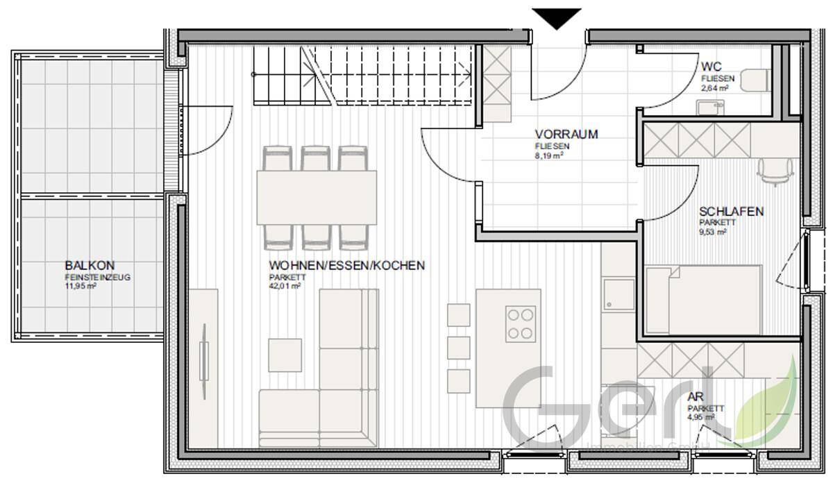 Detaillierter Grundriss des Erdgeschosses mit offenem Wohn-/Ess-/Kochbereich und Balkon.