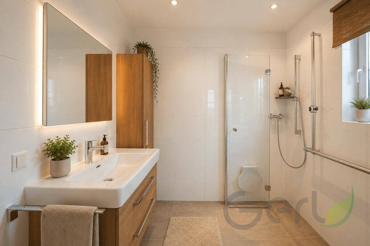 Modernes Badezimmer mit großer begehbarer Dusche, Einzelwaschbecken und Fenster.