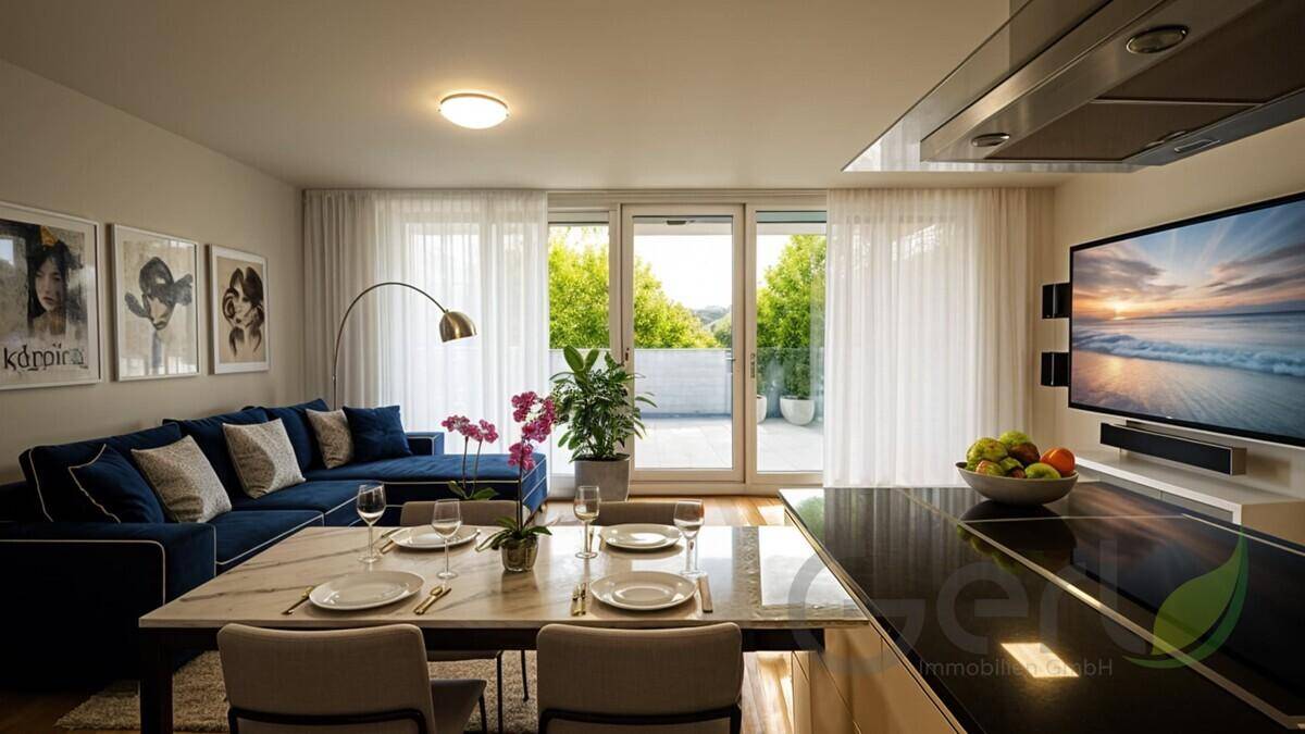 Heller Wohn- und Essbereich mit offener Küche, modernem Sofa und Zugang zu einer sonnigen Terrasse.