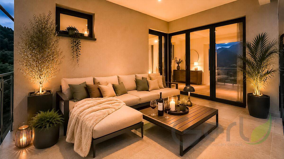 Stilvoller Balkon mit bequemen Lounge-Möbeln und Pflanzen, ideal für entspannte Abende.