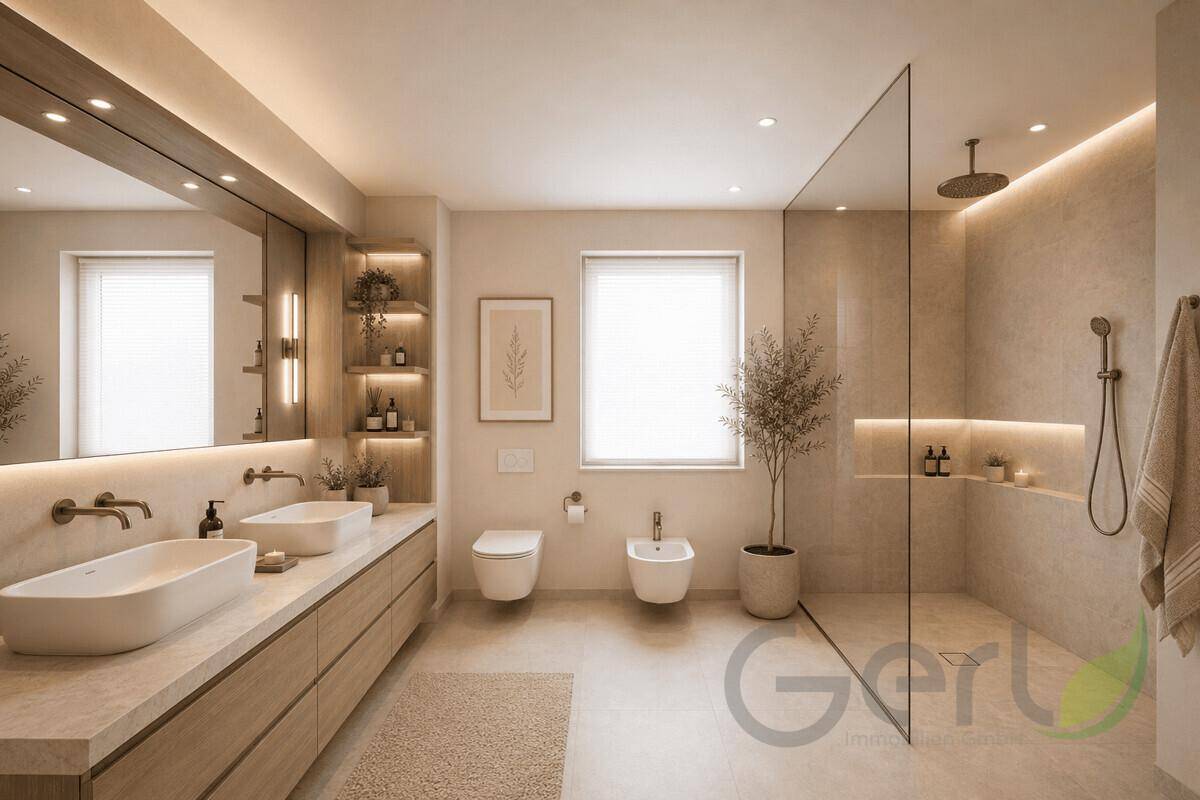 Luxuriöses Badezimmer mit Doppelwaschbecken, großer begehbarer Dusche und Bidet.