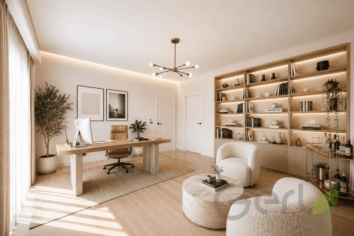 Helles und geräumiges Büro mit großem Schreibtisch, Bücherregal und viel Tageslicht.