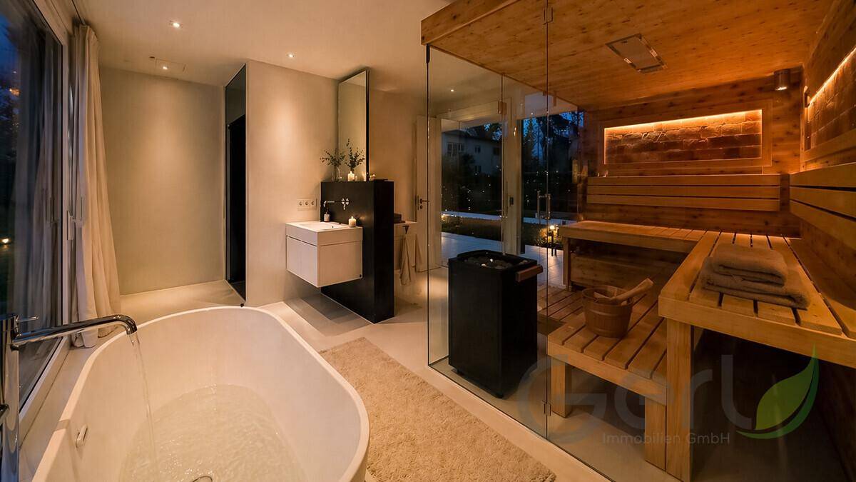 Luxuriöses Badezimmer mit freistehender Badewanne, moderner Sauna und Blick ins Grüne.