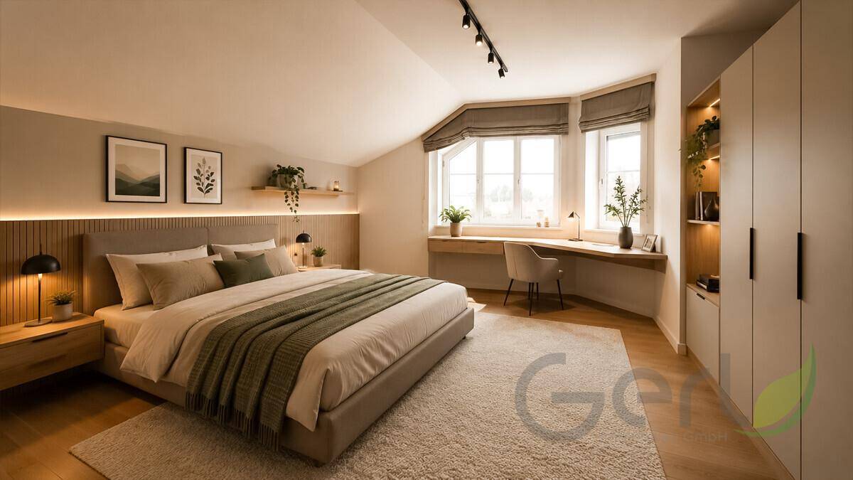 Modernes Schlafzimmer mit großem Bett, integriertem Schreibtisch und Einbauschränken.