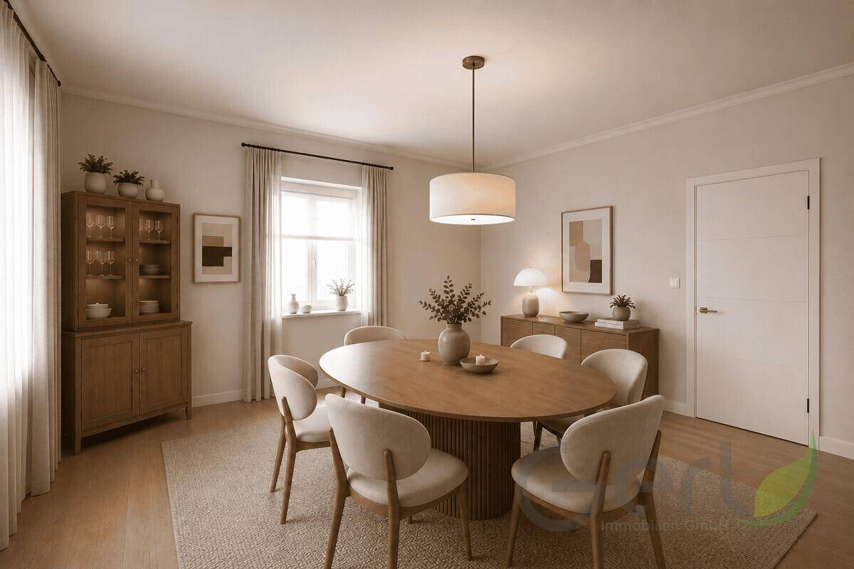 Eleganter Essbereich mit ovalem Holztisch, bequemen Stühlen und Fenster.