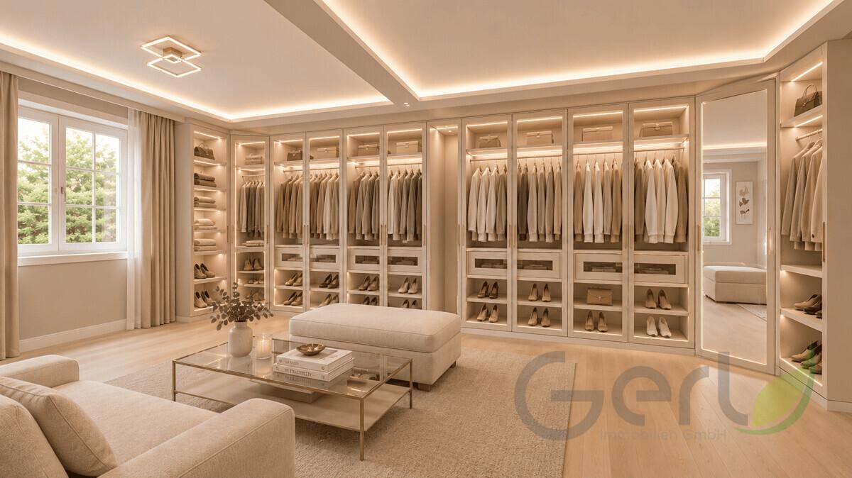 Elegantes Ankleidezimmer mit maßgefertigten Schränken, viel Stauraum und bequemen Sitzgelegenheiten.
