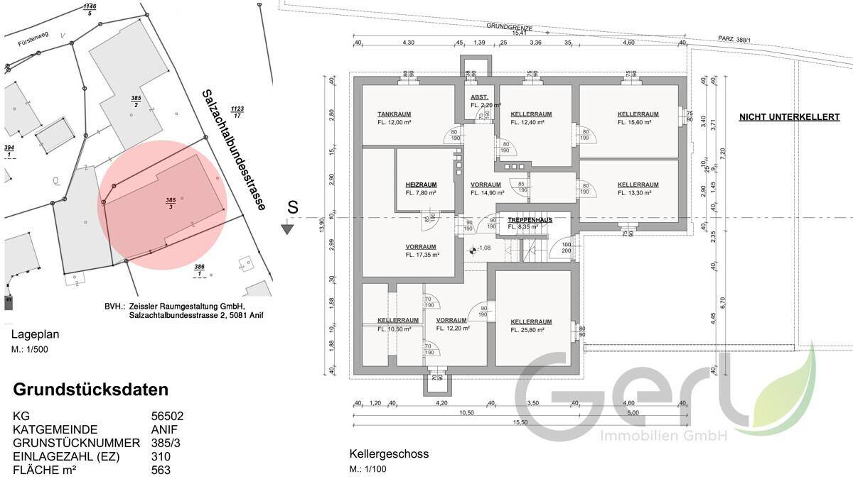 Grundriss des Kellergeschosses mit Lagerräumen und Heizraum, inklusive Lageplan.