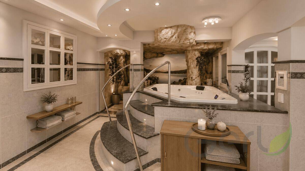 Luxuriöser Wellnessbereich mit Whirlpool, eleganten Fliesen und stimmungsvoller Beleuchtung und Felsdekoration.