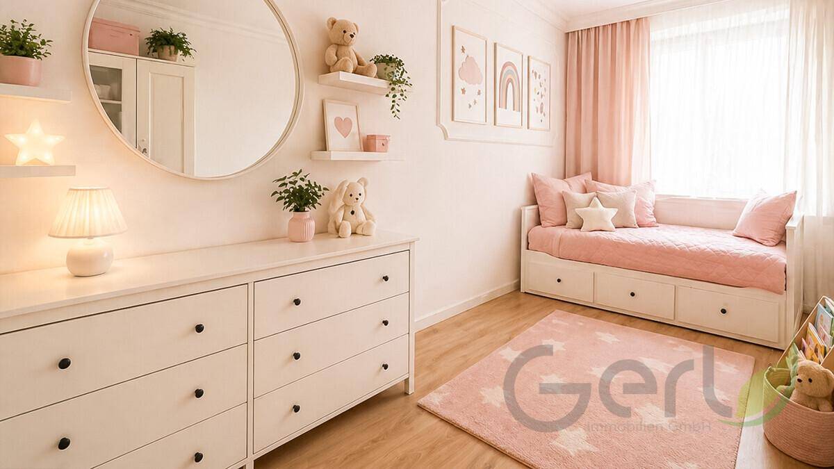Charmantes Kinderzimmer in Rosatönen mit Einzelbett, Kommode und spielerischer Dekoration.