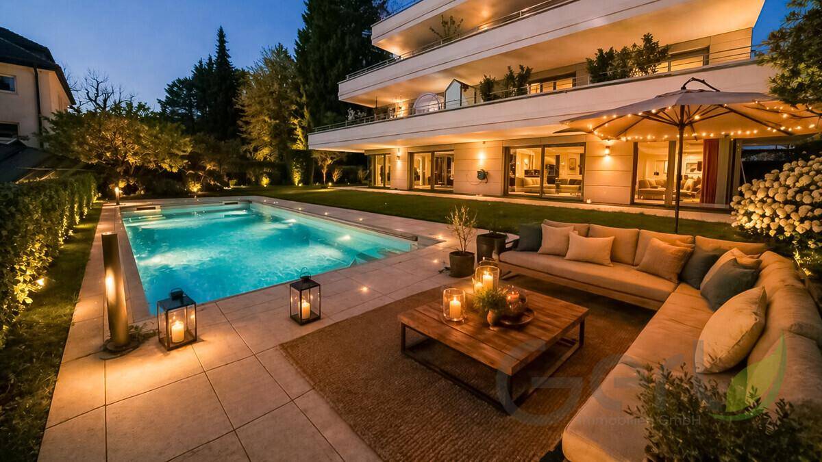 Beleuchteter Gartenbereich mit großem Pool, gemütlicher Sitzecke und moderner Wohnanlage im Hintergrund.