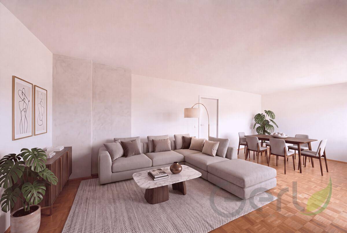 Heller Wohn- und Essbereich mit modernem Sofa, Esstisch und Parkettboden.