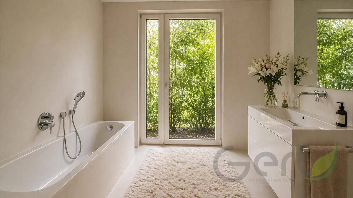 Helles Badezimmer mit Badewanne, modernem Waschtisch und großem Fenster zum Garten.