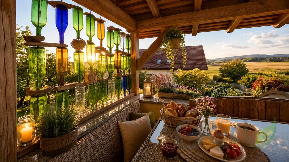 Gemütlicher Frühstücksbereich auf der Terrasse mit Blick ins Grüne und kreativer Flaschendekoration.