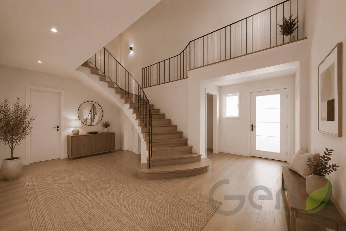 Großzügiger Eingangsbereich mit eleganter Holztreppe und viel natürlichem Licht.