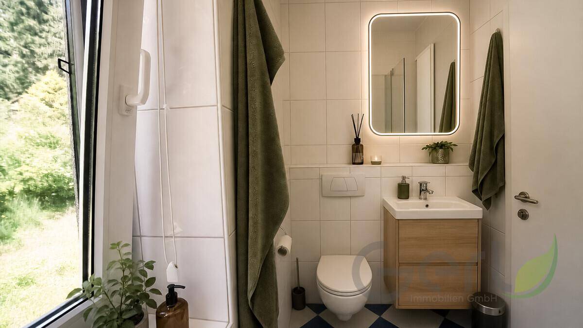 Modernes Badezimmer mit Waschbecken, wandhängender Toilette und Fenster für Tageslicht.