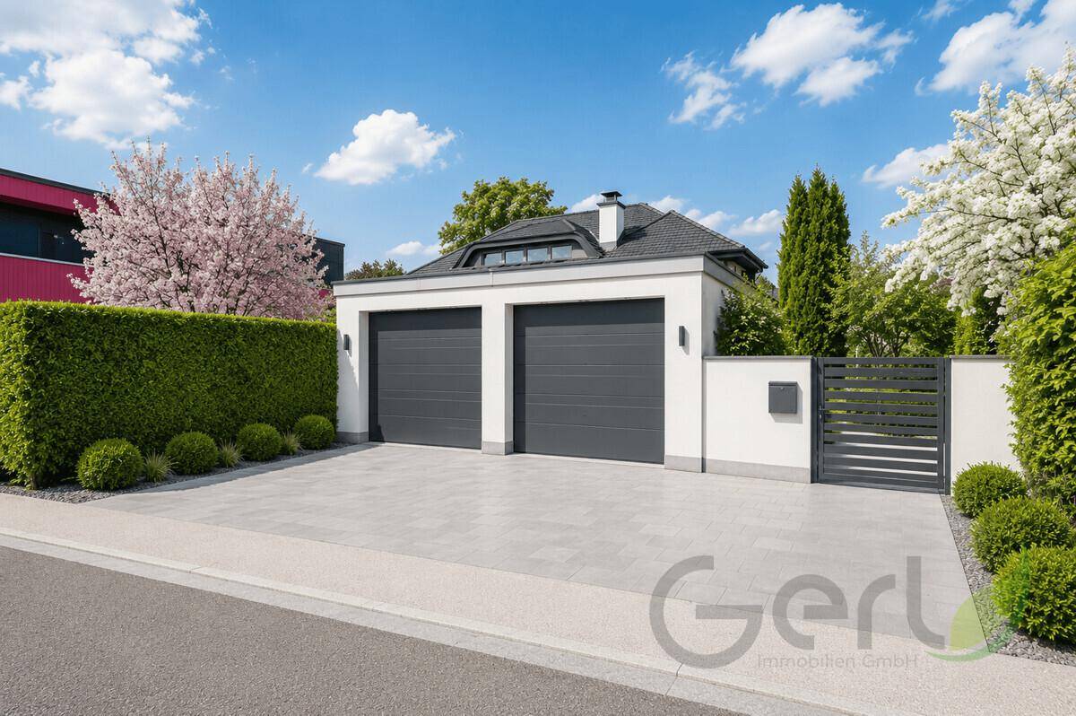 Doppelgarage mit modernem Design und gepflasterter Zufahrt.