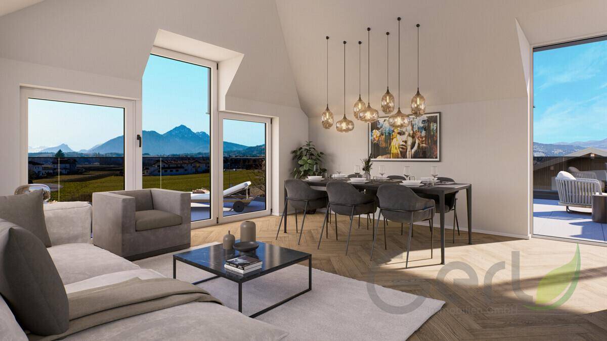 Heller Wohn- und Essbereich mit großen Fenstern, Bergblick und modernem Interieur unter Dachschrägen.