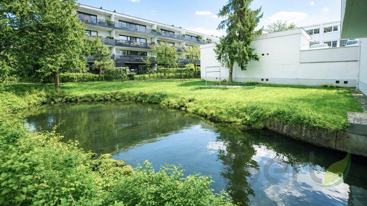Idyllischer Gartenbereich mit Teich und grüner Wiese vor einem modernen Wohngebäude.