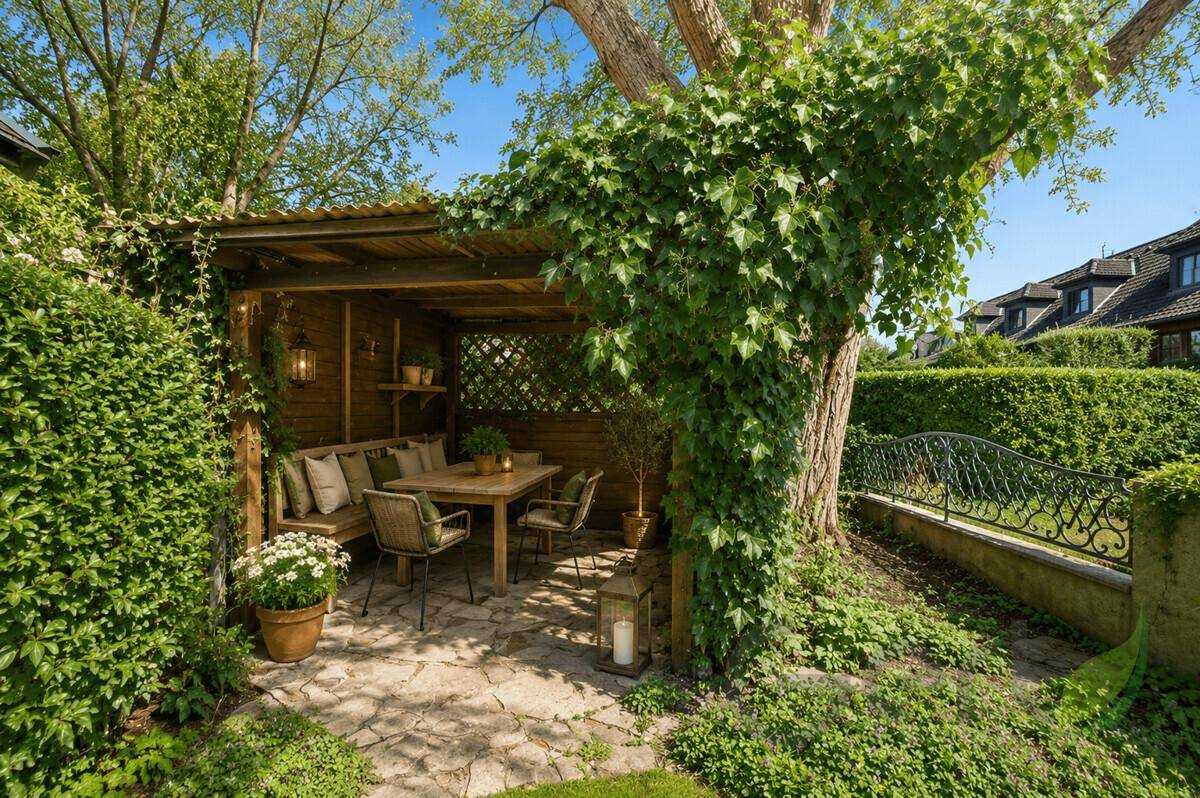 Idyllischer, überdachter Sitzbereich im Garten, umgeben von üppigem Grün und Kletterpflanzen.