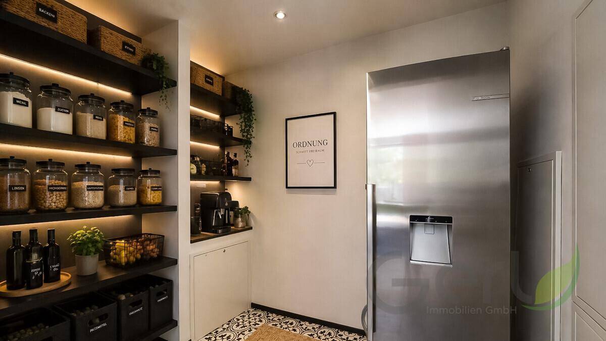 Gut organisierte Speisekammer mit offenen Regalen, Kühlschrank und Vorratsgläsern.
