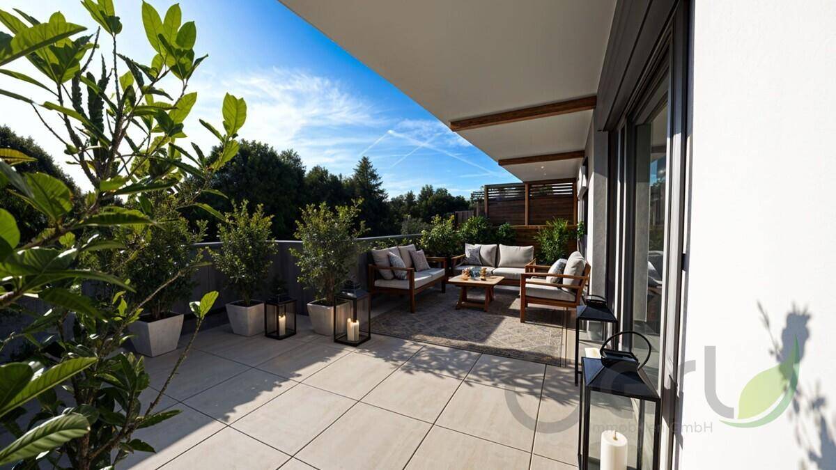 Sonnige Terrasse mit stilvollen Gartenmöbeln, üppigen Pflanzen und weitem Blick ins Grüne unter blauem Himmel.