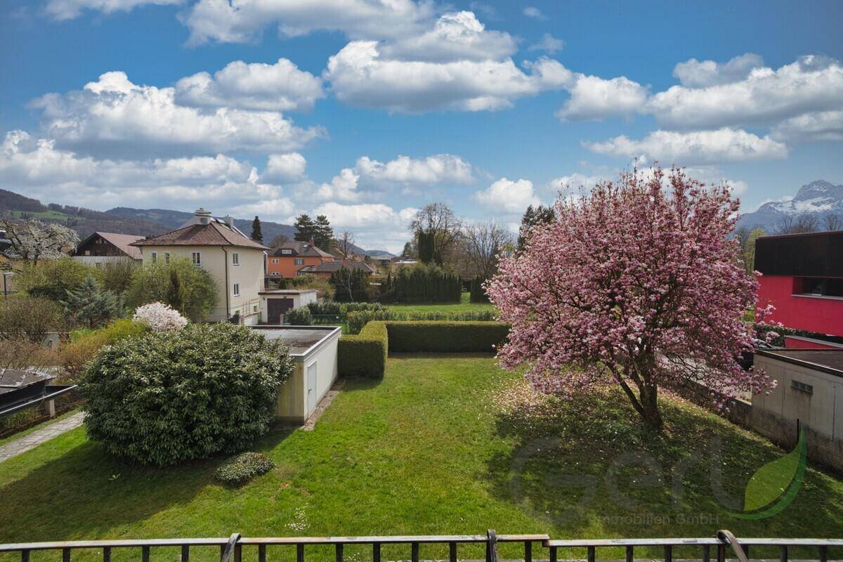 Blick von oben auf den Garten mit blühendem Baum und umliegender Landschaft mit Bergen im Hintergrund.